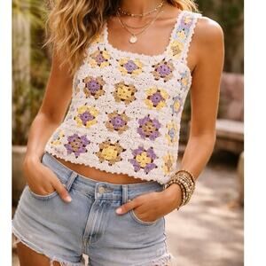 Bohemian Crotchet Grandma-core Floral Knit Tank Top Handmade Vintage | Sz Large